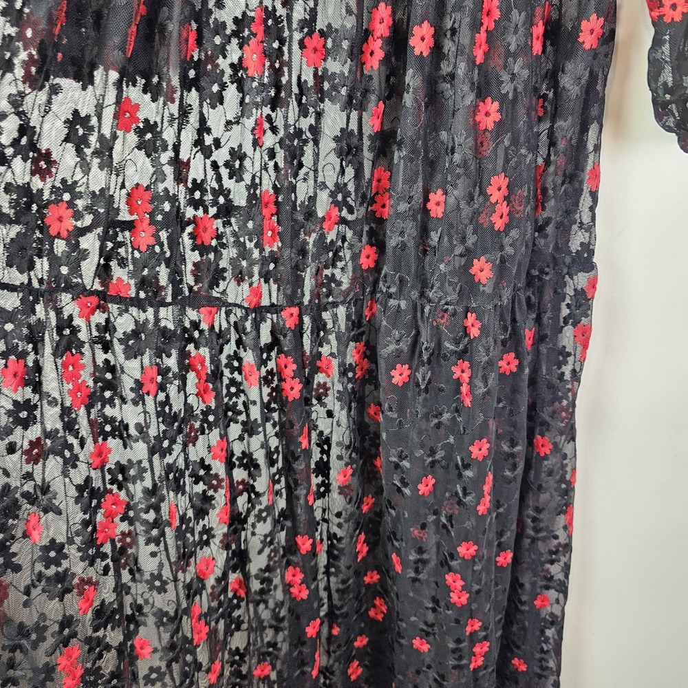 Zara Floral Oversized Long Sleeve Black Red Maxi Dress Sheer Lace Flowers XS - Picture 4 of 8